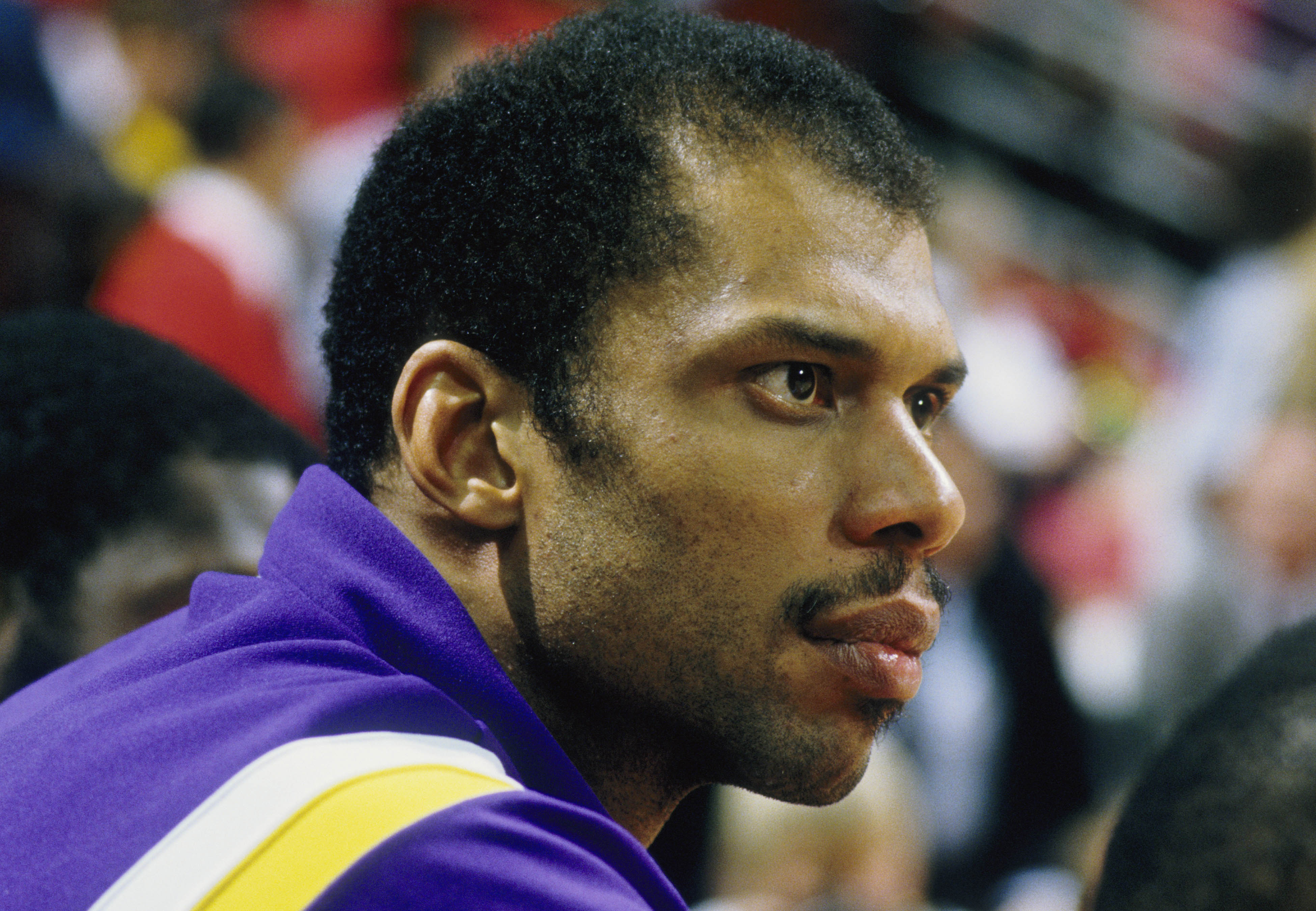 Unknown Date; Salt Lake City, UT, USA; FILE PHOTO; Los Angeles Lakers center Kareem Abdul-Jabbar (33) on the bench against the Utah Jazz at the Salt Palace. Mandatory Credit: MPS-Imagn Images