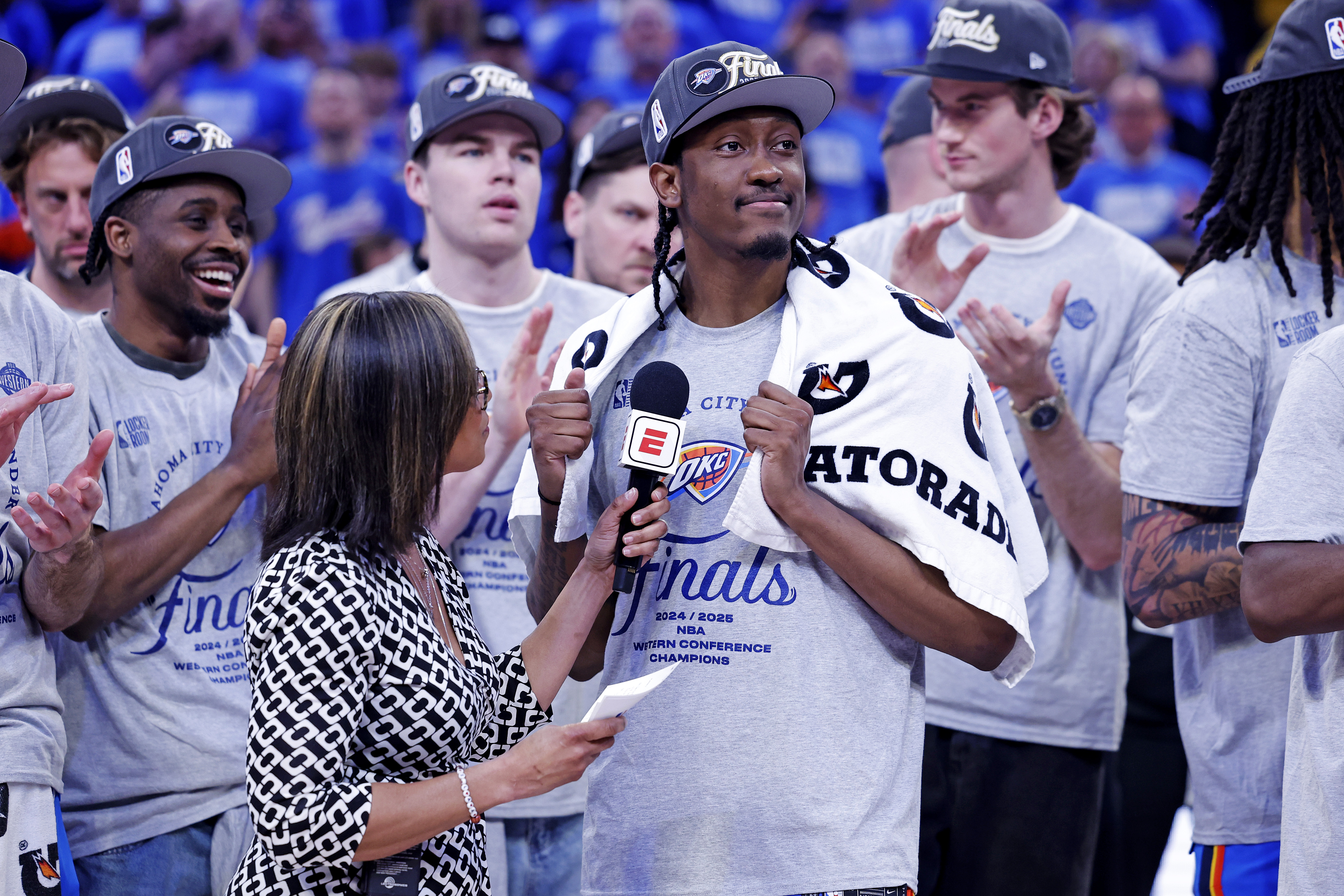 May 28, 2025; Oklahoma City, Oklahoma, USA; Oklahoma City Thunder forward Jalen Williams (8) is interviewed after defeating the Minnesota Timberwolves in game five to win the western conference finals for the 2025 NBA Playoffs at Paycom Center. Mandatory Credit: Alonzo Adams-Imagn Images