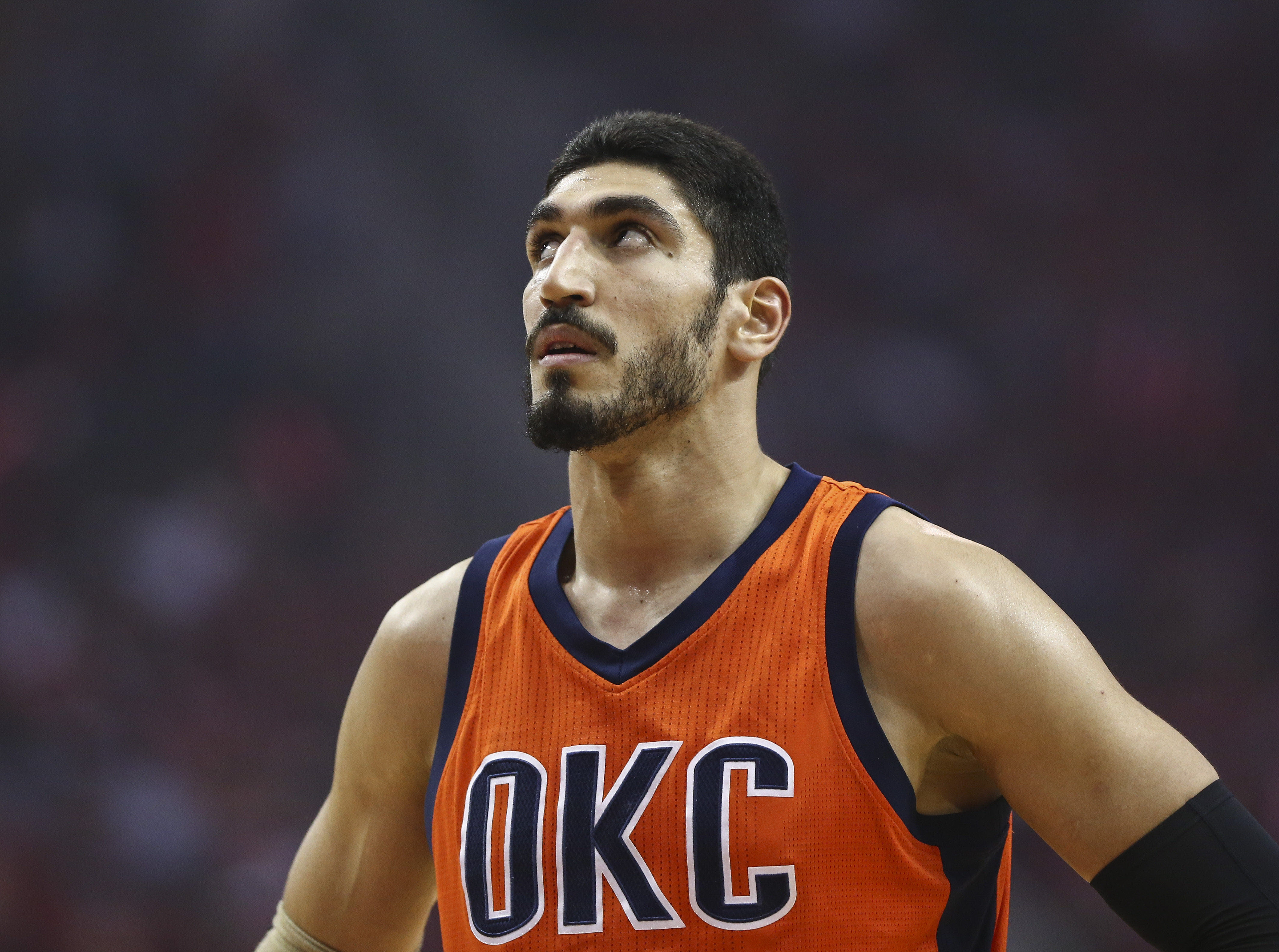Apr 16, 2017; Houston, TX, USA; Oklahoma City Thunder center Enes Kanter (11) looks up in game one of the first round of the 2017 NBA Playoffs against the Houston Rockets at Toyota Center. Mandatory Credit: Troy Taormina-Imagn Images