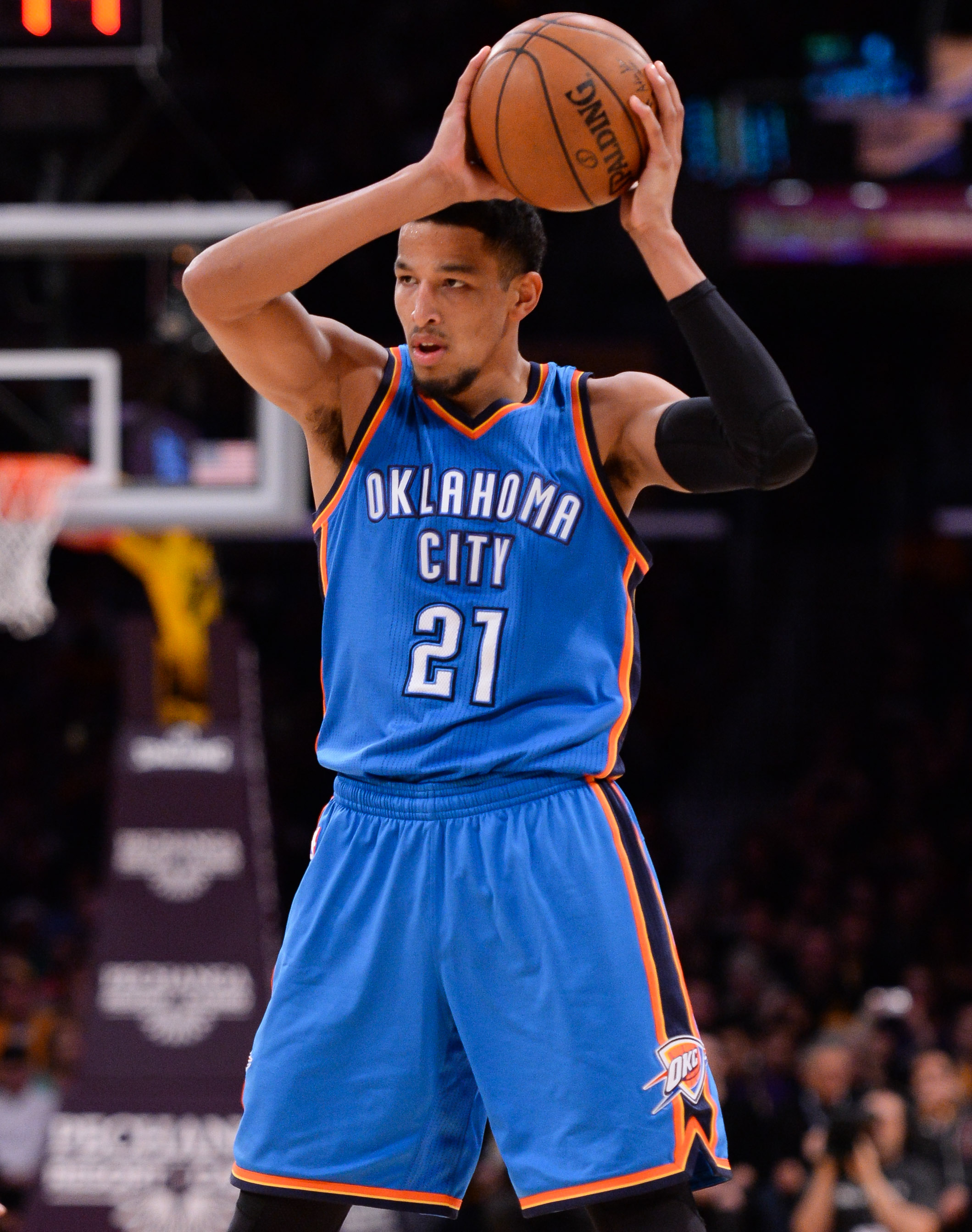 Dec 23, 2015; Los Angeles, CA, USA; Oklahoma City Thunder guard Andre Roberson (21) during the 1st half against the Los Angeles Lakers at Staples Center. Mandatory Credit: Robert Hanashiro-Imagn Images