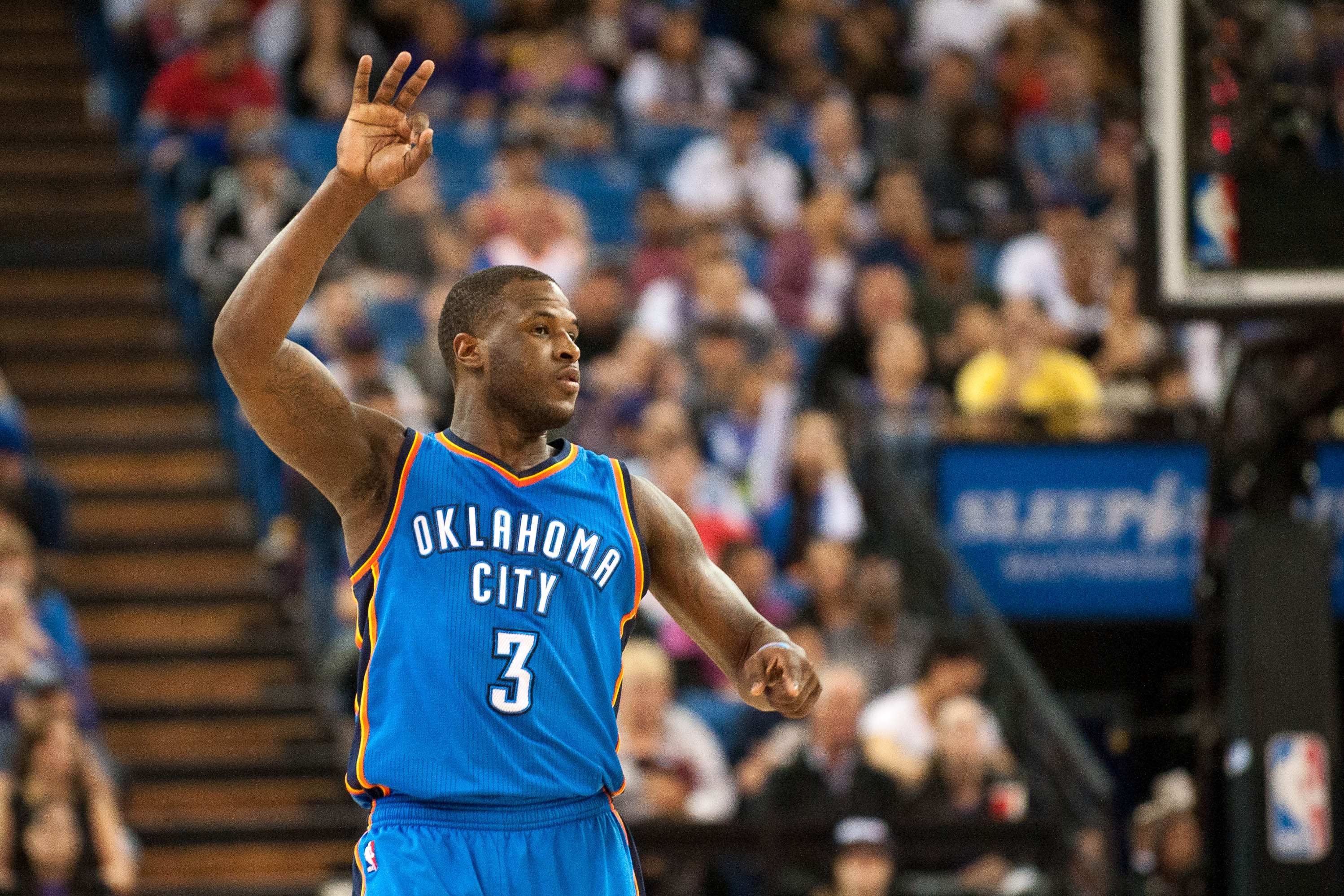 Feb 29, 2016; Sacramento, CA, USA; Oklahoma City Thunder guard Dion Waiters (3) signals a three pointer after scoring against the Sacramento Kings during the second quarter at Sleep Train Arena. Mandatory Credit: Ed Szczepanski-Imagn Images