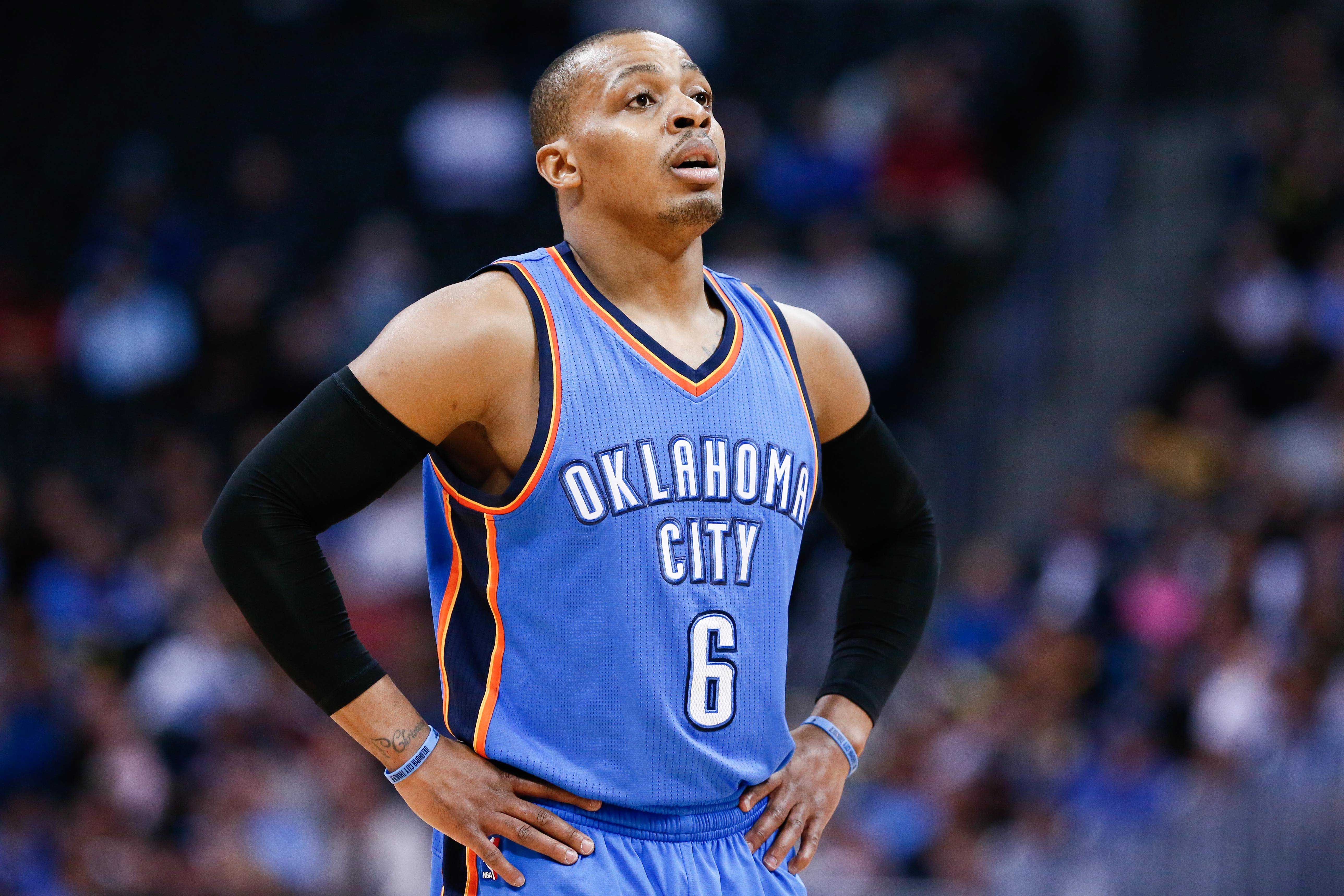 Apr 5, 2016; Denver, CO, USA; Oklahoma City Thunder guard Randy Foye (6) in the second quarter against the Denver Nuggets at the Pepsi Center. Mandatory Credit: Isaiah J. Downing-Imagn Images