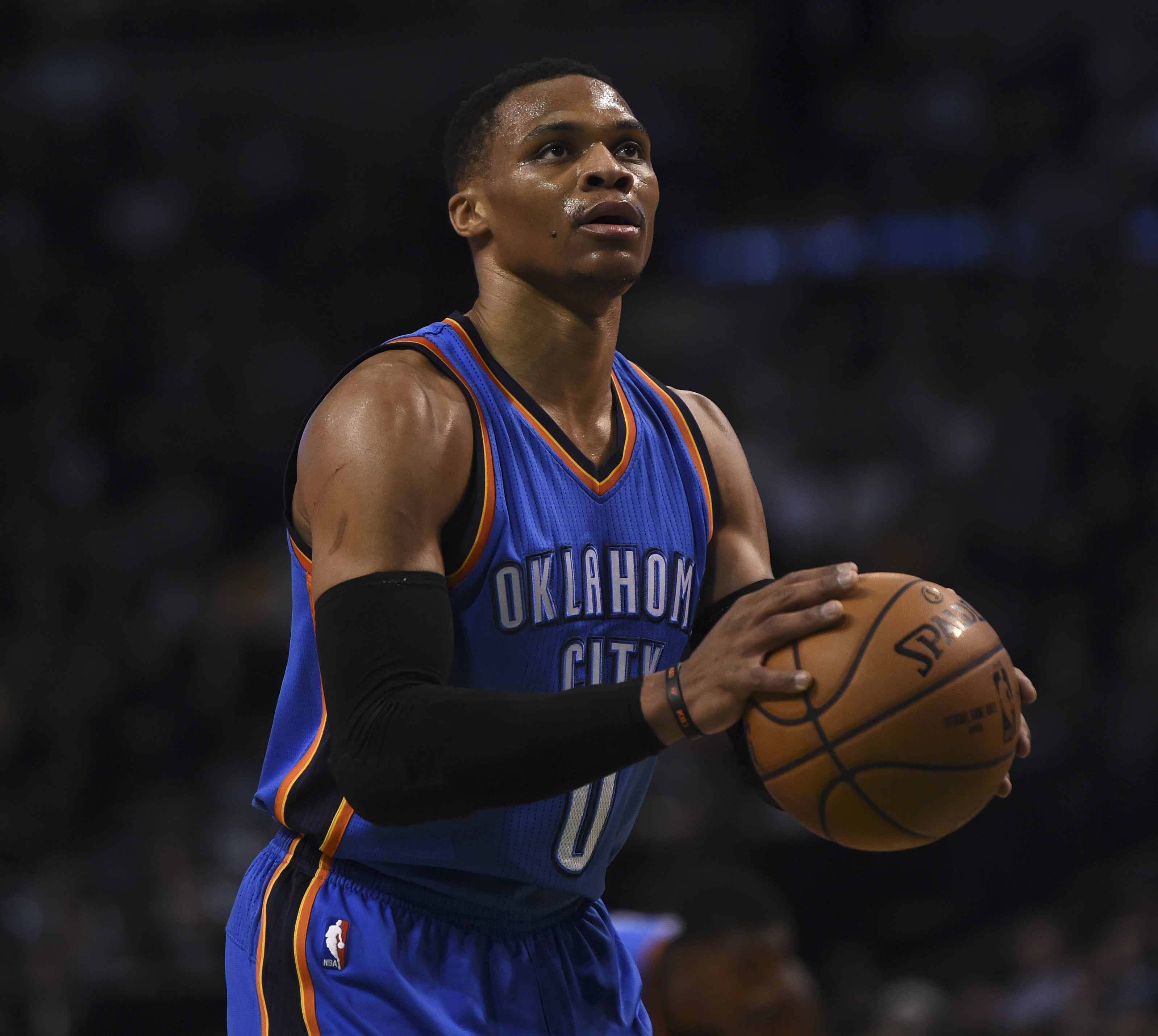 Dec 23, 2016; Boston, MA, USA; Oklahoma City Thunder guard Russell Westbrook (0) shoots a free throw during the first half against the Boston Celtics at TD Garden. Mandatory Credit: Bob DeChiara-Imagn Images