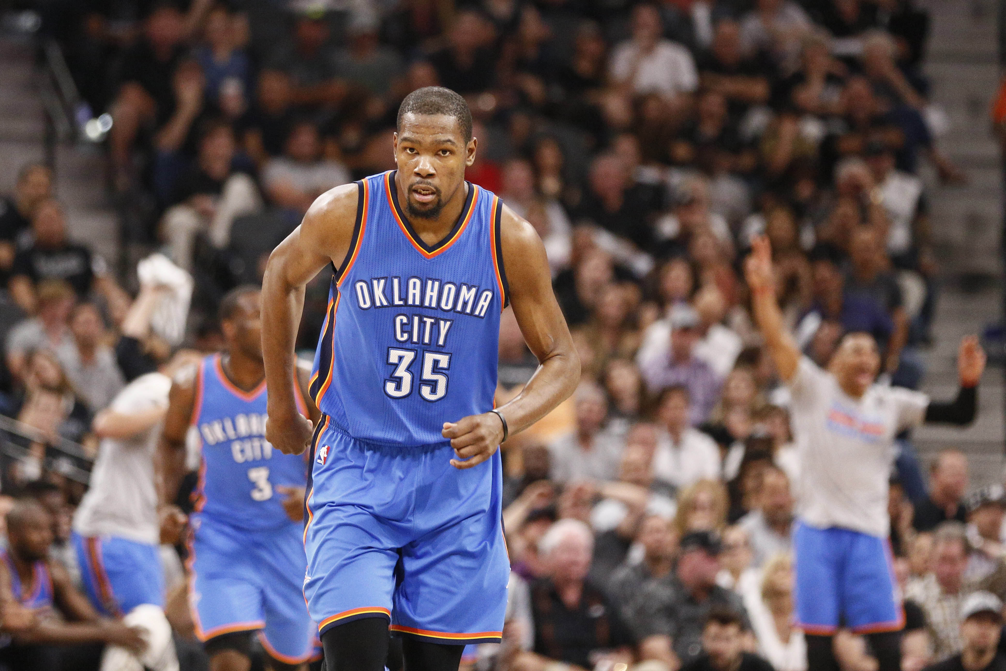 May 10, 2016; San Antonio, TX, USA; Oklahoma City Thunder small forward Kevin Durant (35) reacts after a shot against the San Antonio Spurs in game five of the second round of the NBA Playoffs at AT&T Center. Mandatory Credit: Soobum Im-Imagn Images