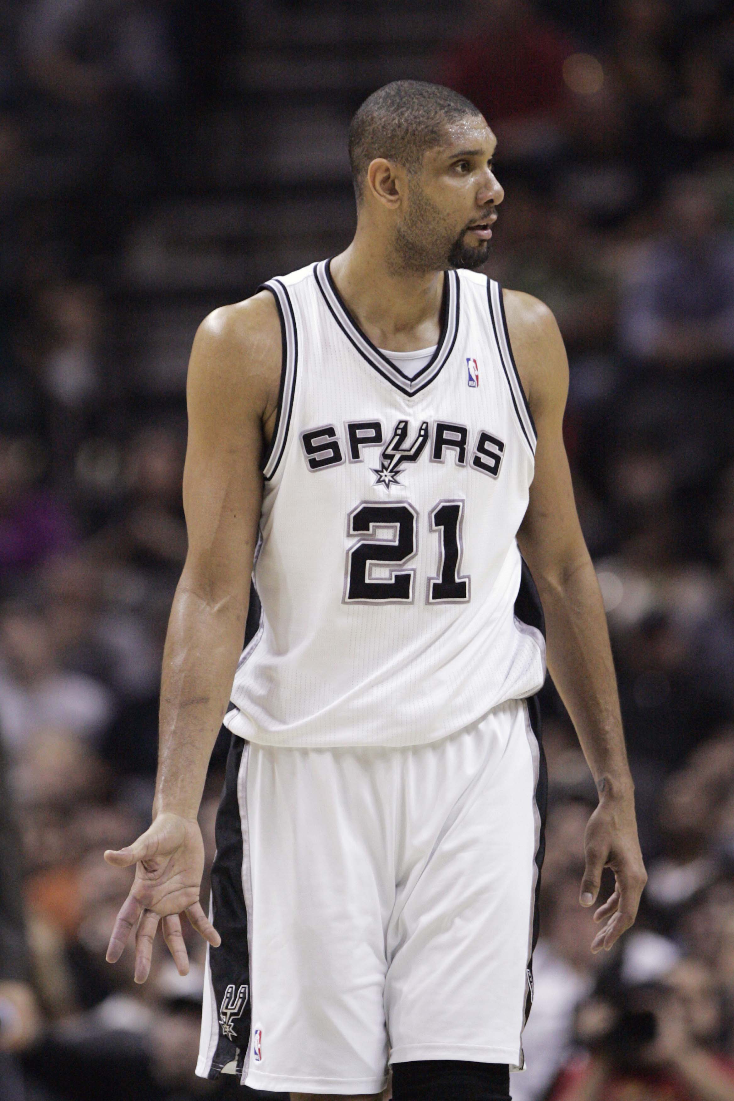 Feb 27, 2011; San Antonio, TX, USA; San Antonio Spurs forward Tim Duncan (21) during the first half against the Memphis Grizzlies at the AT&T Center. Mandatory Credit: Soobum Im-Imagn Images