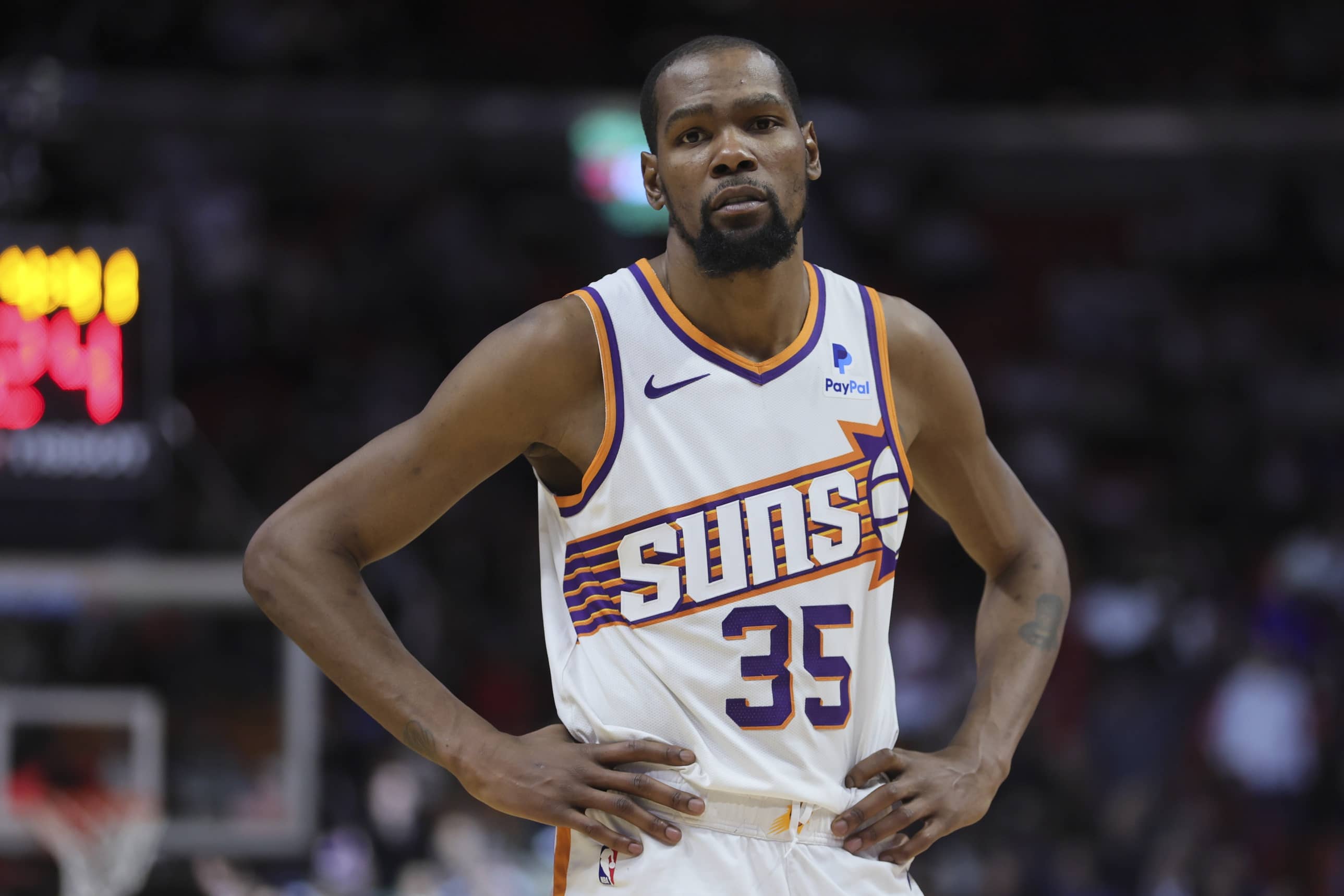 Phoenix Suns forward Kevin Durant (35) looks on against the Miami Heat during the fourth quarter at Kaseya Center.
