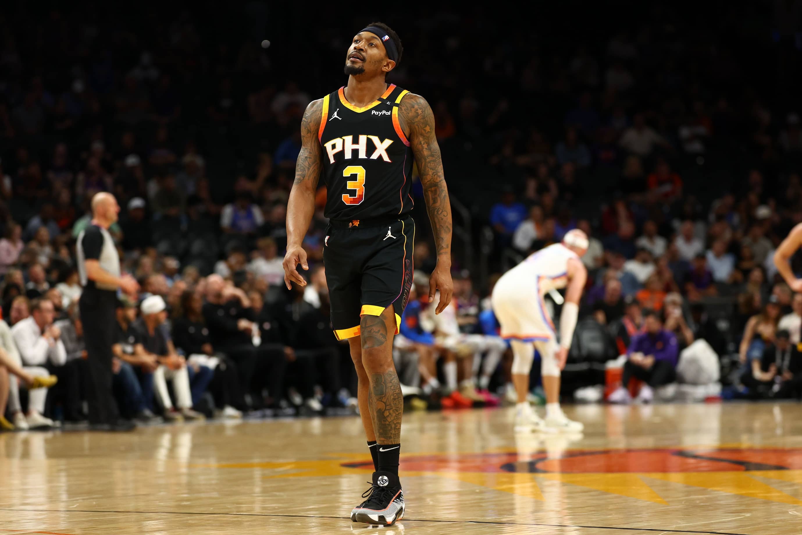 Apr 9, 2025; Phoenix, Arizona, USA; Phoenix Suns guard Bradley Beal (3) reacts against the Oklahoma City Thunder during the second half at Footprint Center.