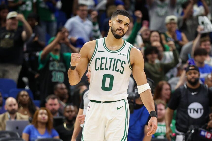 Orlando, Florida, USA; Boston Celtics forward Jayson Tatum (0) reacts after beating the Orlando Magic in Game 4 of the first round of the 2025 NBA Playoffs at Kia Center. Mandatory Credit: Nathan Ray Seebeck-Imagn Images