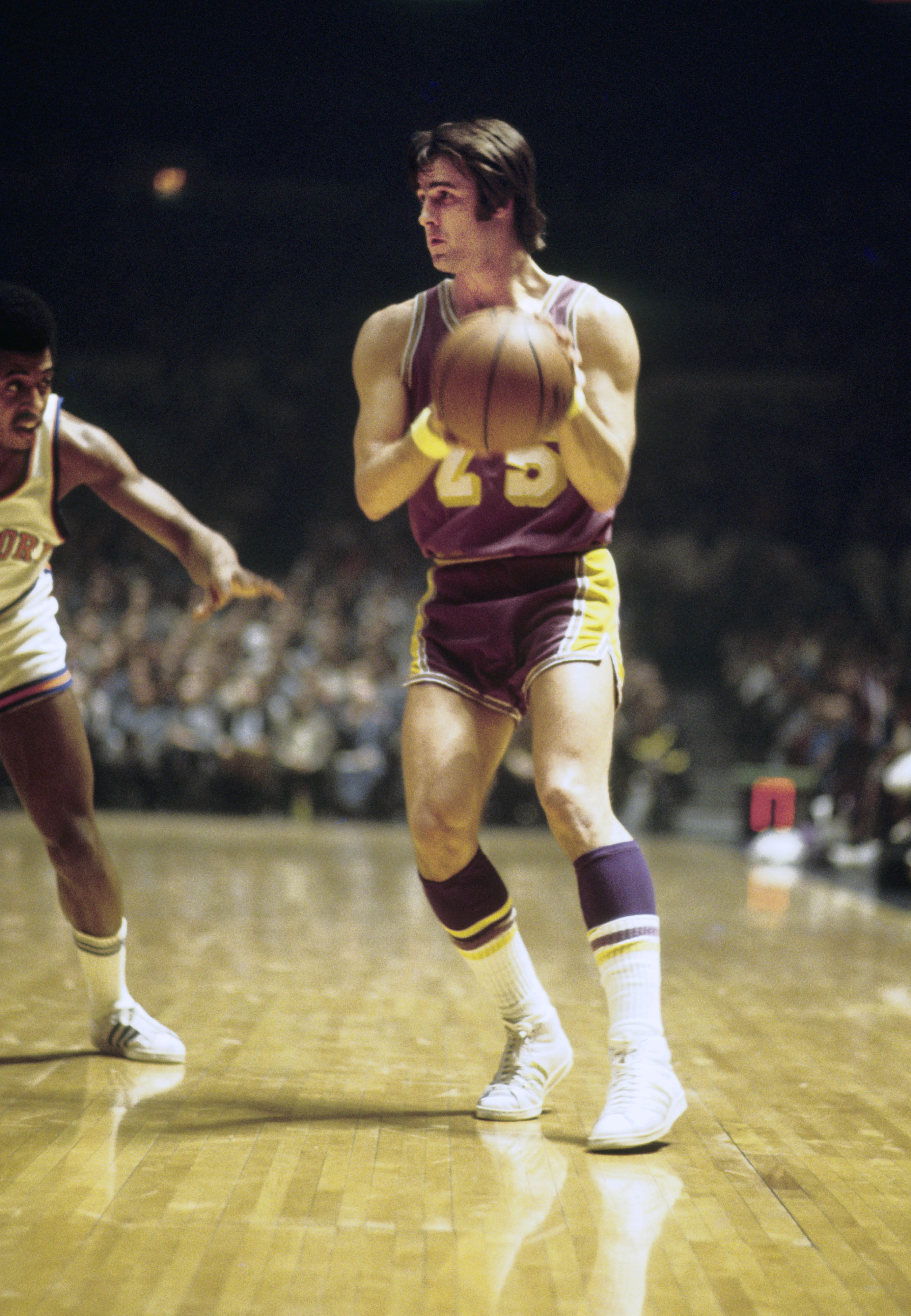 Unknown date; New York, NY, USA; FILE PHOTO; Los Angeles Lakers guard Gail Goodrich (25) in action against the New York Knicks at Madison Square Garden. Mandatory Credit: Manny Rubio-Imagn Images  