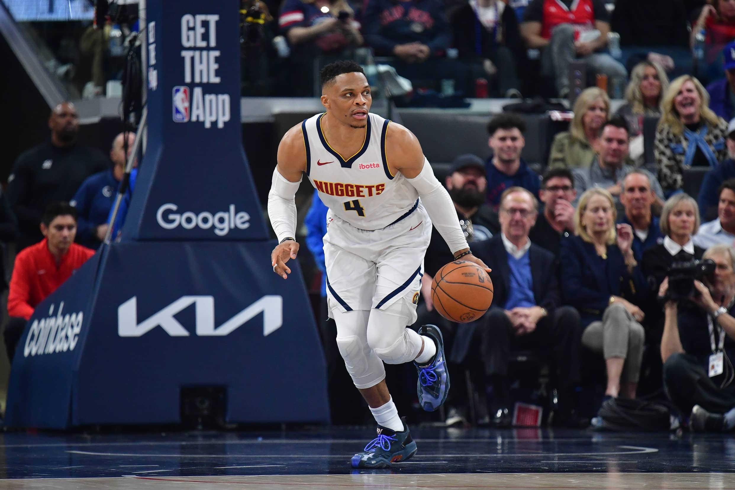 Apr 24, 2025; Inglewood, California, USA; Denver Nuggets guard Russell Westbrook (4) moves the ball up court against the Los Angeles Clippers during the first half of game three in the first round for the 2024 NBA Playoffs at Intuit Dome. Mandatory Credit: Gary A. Vasquez-Imagn Images