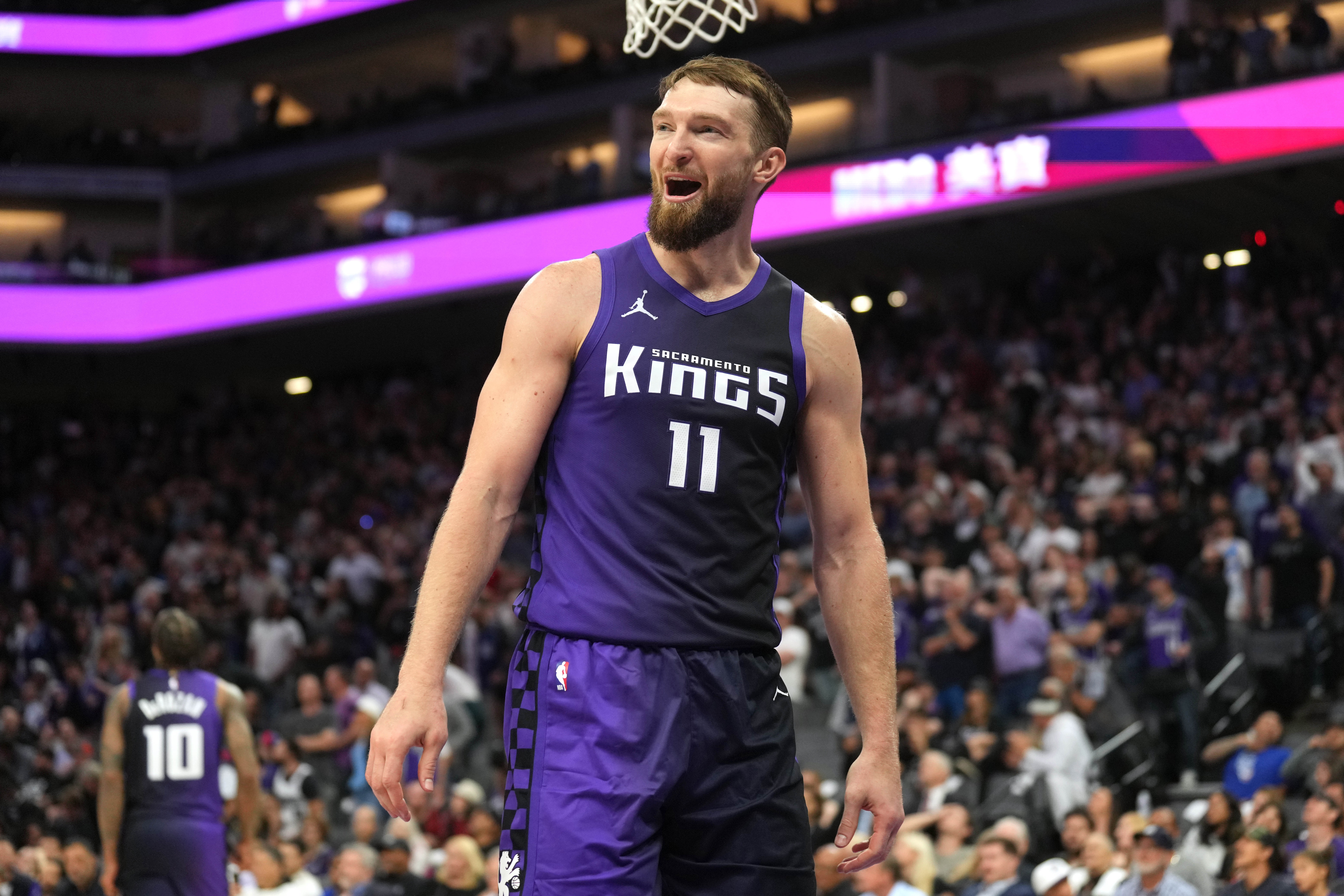 Apr 11, 2025; Sacramento, California, USA; Sacramento Kings forward Domantas Sabonis (11) during the fourth quarter against the Los Angeles Clippers at Golden 1 Center. Mandatory Credit: Darren Yamashita-Imagn Images  