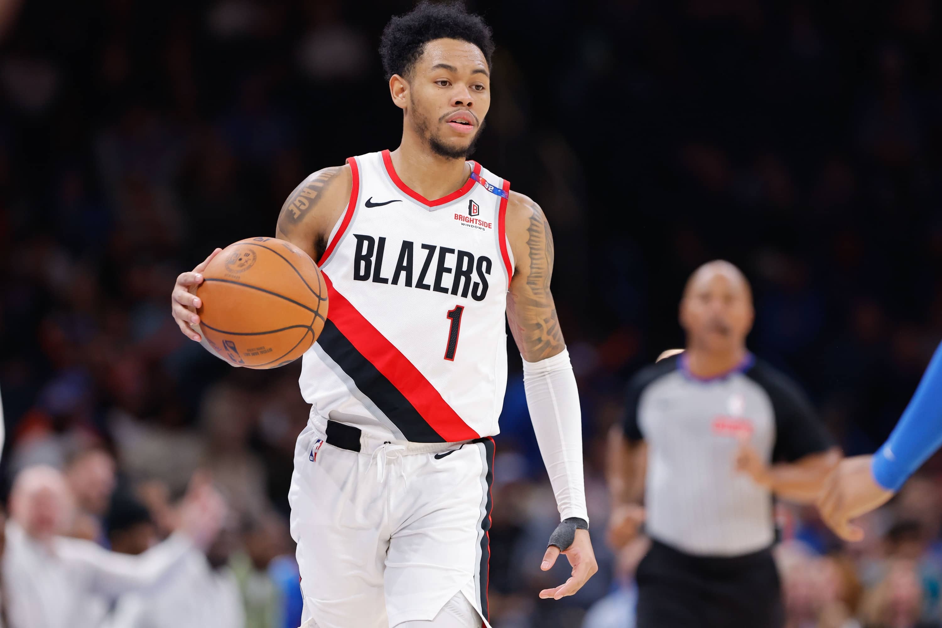 Portland Trail Blazers guard Anfernee Simons (1) dribbles down the court against the Oklahoma City Thunder during the second half at Paycom Center.
