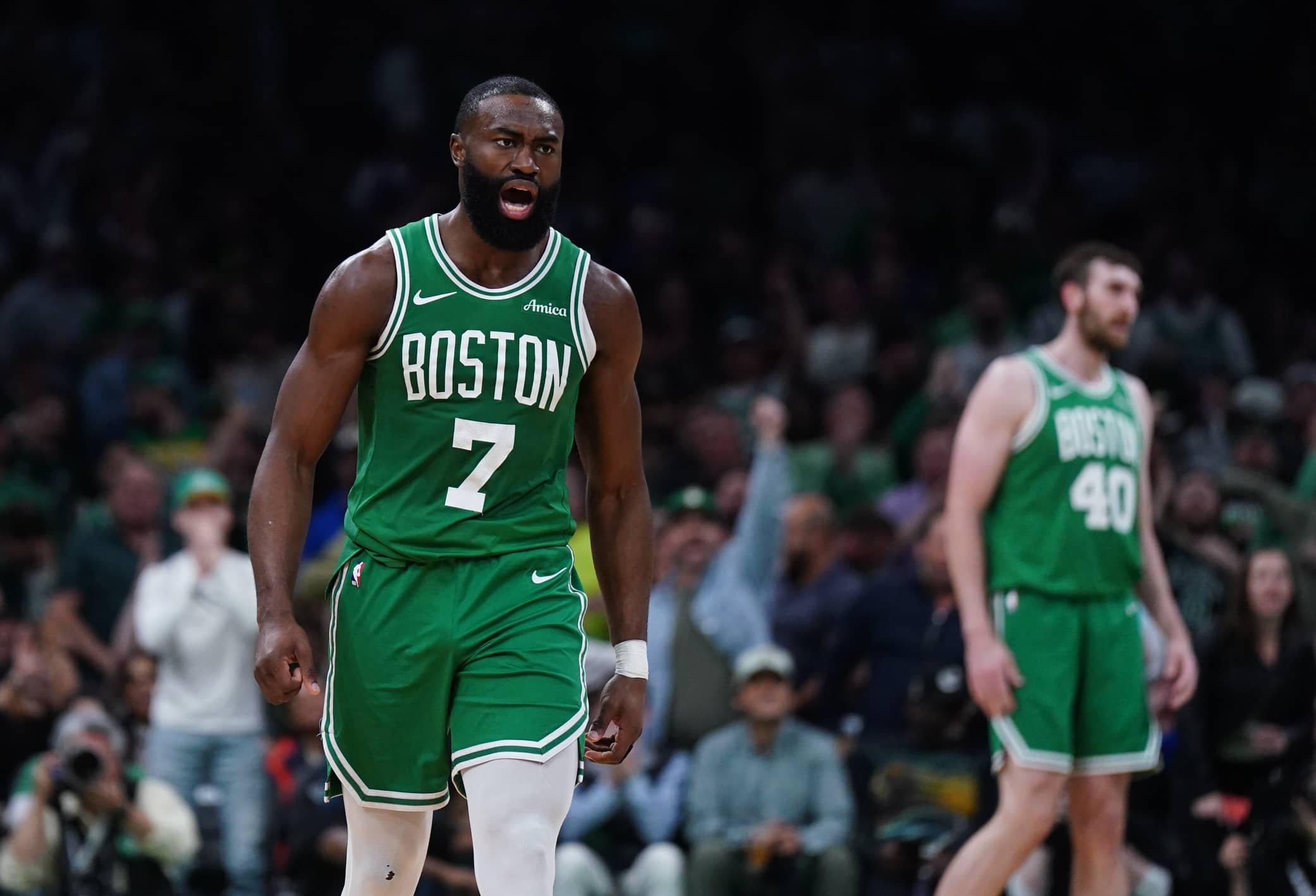 Boston Celtics guard Jaylen Brown (7) react after a play against the New York Knicks in the second quarter during game two of the second round for the 2025 NBA Playoffs at TD Garden.
