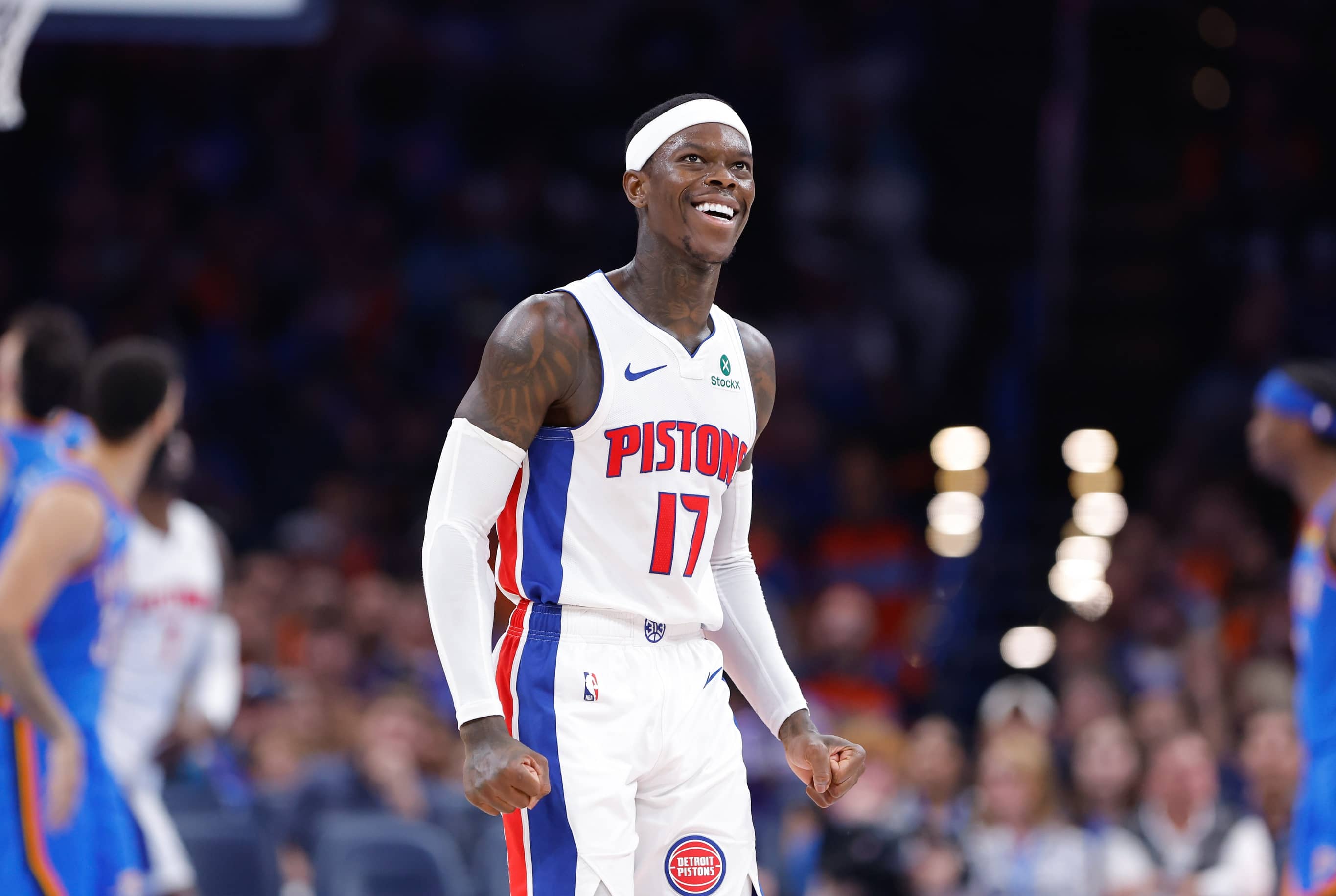 Apr 2, 2025; Oklahoma City, Oklahoma, USA; Detroit Pistons guard Dennis Schroder (17) stands during a time out against the Oklahoma City Thunder during the second half at Paycom Center. Mandatory Credit: Alonzo Adams-Imagn Images