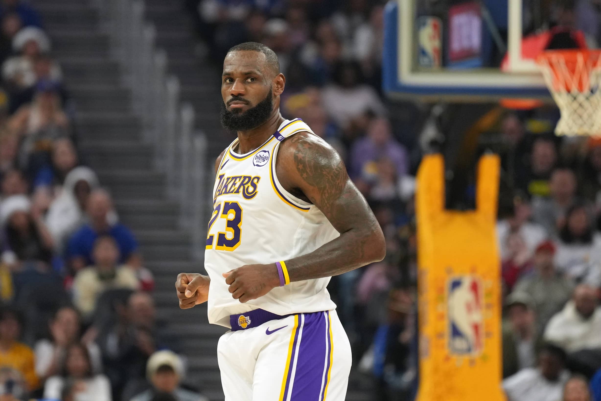 Dec 25, 2024; San Francisco, California, USA; Los Angeles Lakers forward LeBron James (23) during the second quarter against the Golden State Warriors at Chase Center. Mandatory Credit: Darren Yamashita-Imagn Images