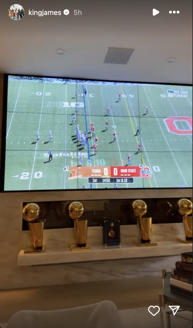 LeBron's Instagram story post reveals his living room setup with four Larry O'Brien replicas.