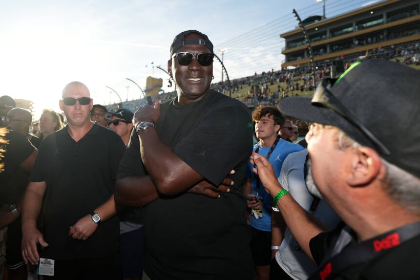 Homestead, Florida, USA; 23XI owner Michael Jordan celebrates after his driver NASCAR Cup Series driver Tyler Reddick (not pictured) won the Straight Talk Wireless 400 at Homestead-Miami Speedway. Mandatory Credit: Jasen Vinlove-Imagn Images