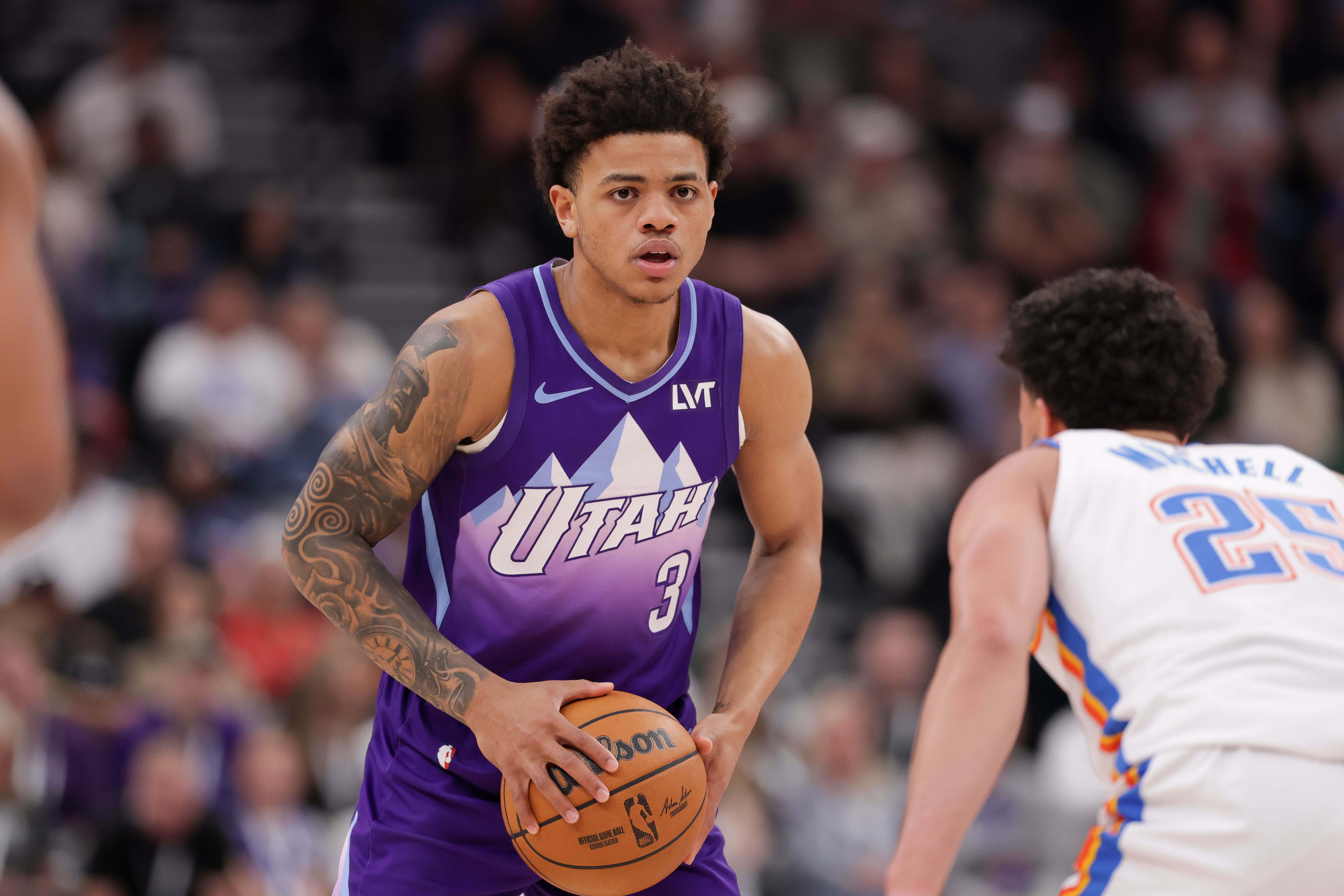 Apr 11, 2025; Salt Lake City, Utah, USA; Utah Jazz guard Keyonte George (3) controls the ball during the second half against the Oklahoma City Thunder at Delta Center. Mandatory Credit: Chris Nicoll-Imagn Images  