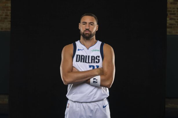 Mavericks guard Klay Thompson poses for a photo during the Mavericks 2025 media day at the American Airlines Center