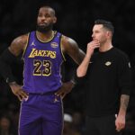 Oct 25, 2024; Los Angeles, California, USA; Los Angeles Lakers forward LeBron James (23) with Los Angeles Lakers head coach JJ Redick against the Phoenix Suns during the first half at Crypto.com Arena. Mandatory Credit: Jonathan Hui-Imagn Images
