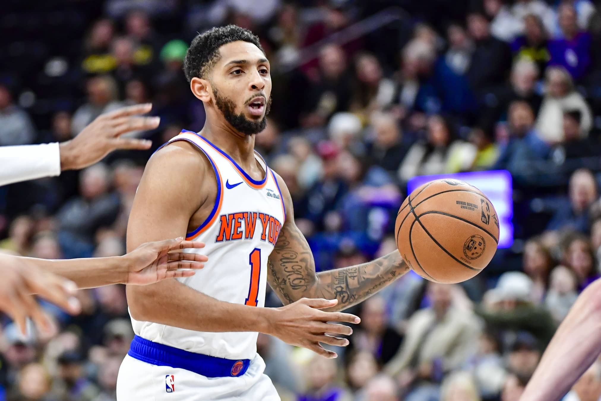 Salt Lake City, Utah, USA; New York Knicks guard Cameron Payne (1) dribbles the ball downcourt against the Utah Jazz during the first half at the Delta Center.