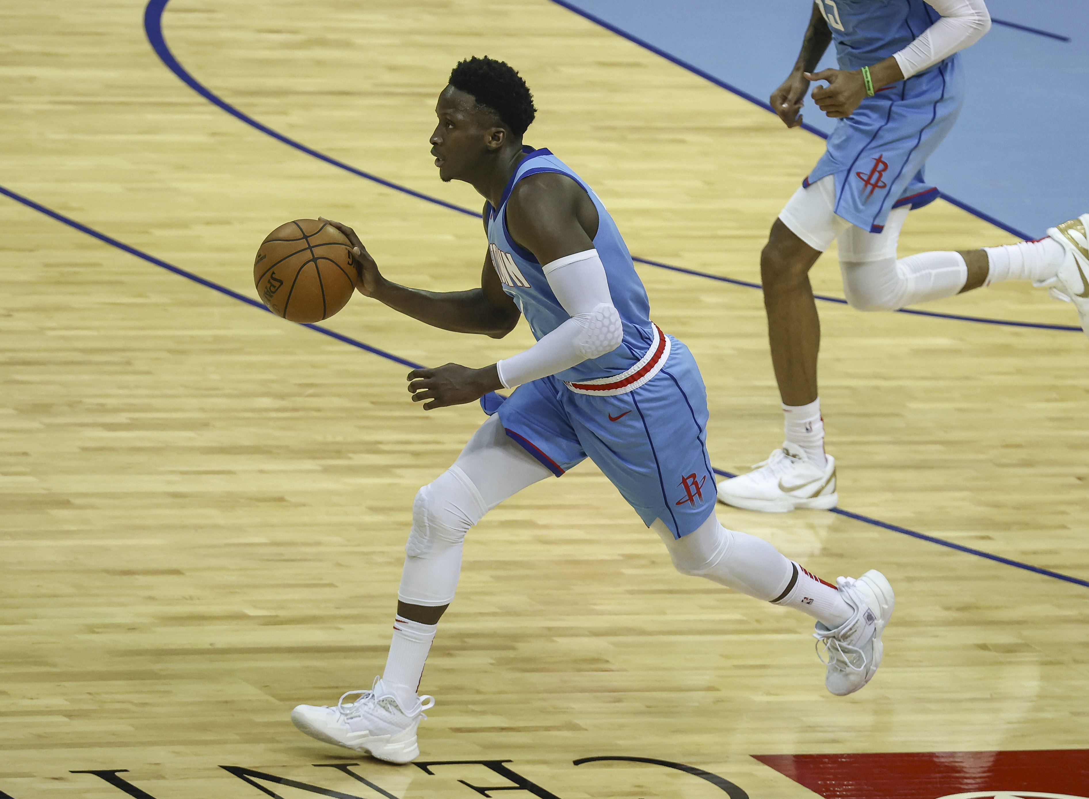 Jan 28, 2021; Houston, Texas, USA; Houston Rockets guard Victor Oladipo (7) dribbles the ball during the third quarter against the Portland Trail Blazers at Toyota Center. Mandatory Credit: Troy Taormina-Imagn Images  