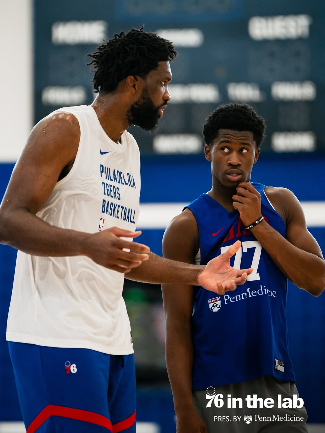 Joel Embiid talks to V.J. Edgecombe.