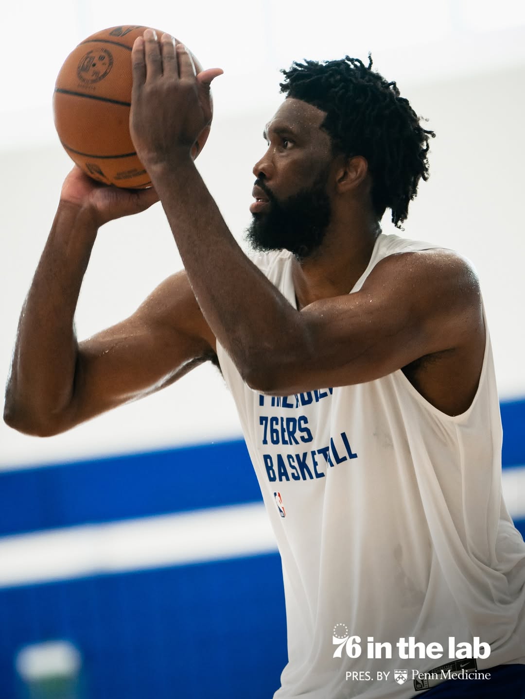 Joel Embiid shoots during practice.