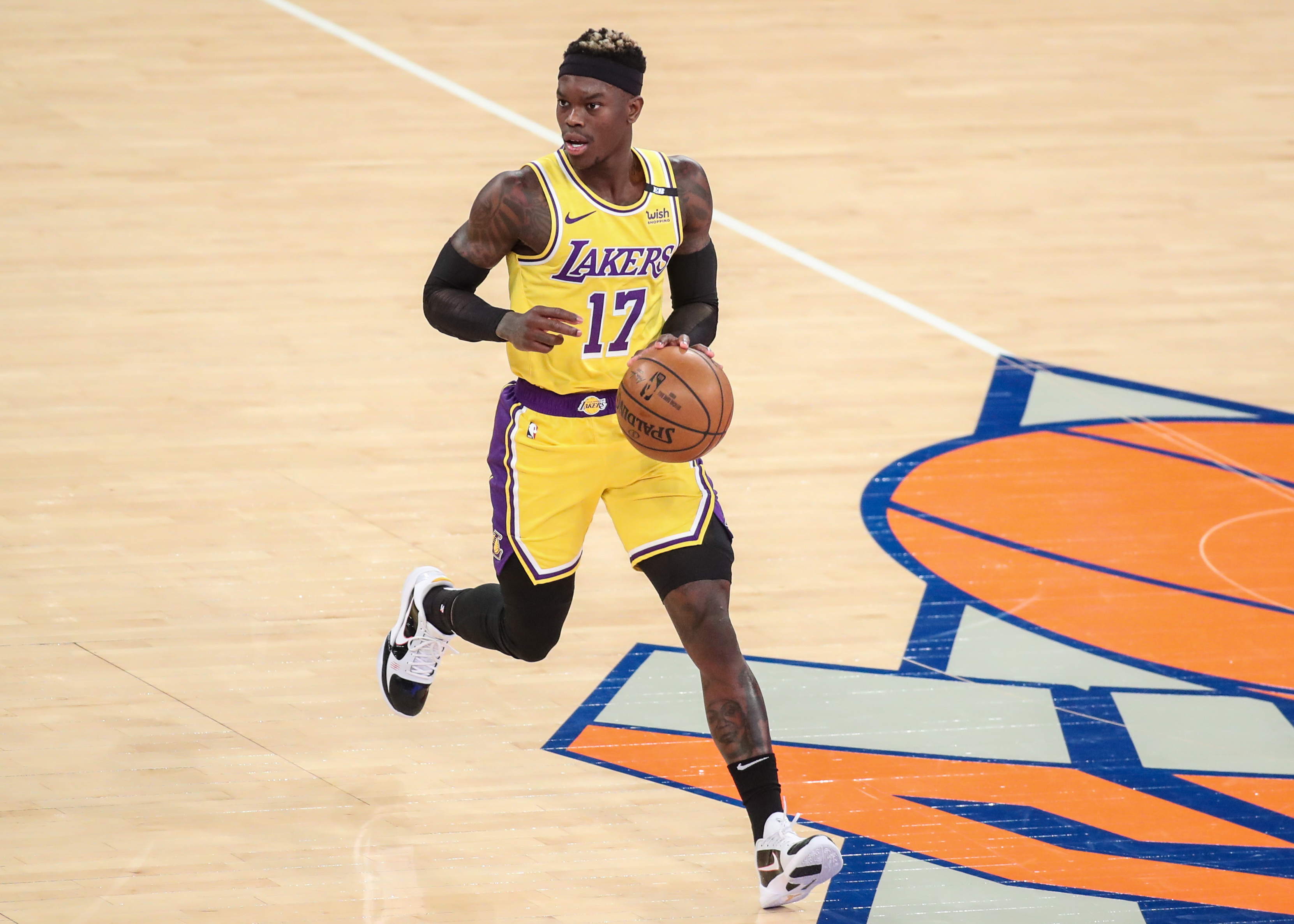 Apr 12, 2021; New York, New York, USA; Los Angeles Lakers guard Dennis Schroder (17) at Madison Square Garden. Mandatory Credit: Wendell Cruz-Imagn Images  