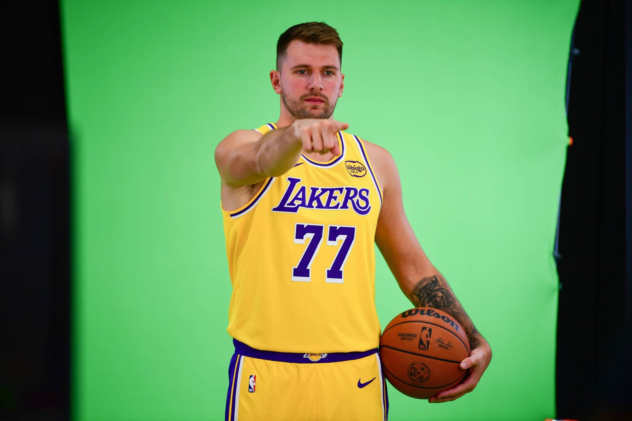 Los Angeles, CA, USA; Los Angeles Lakers guard Luka Doncic (77) during media day at UCLA Health Training Center. Mandatory Credit: Gary A. Vasquez-Imagn Images