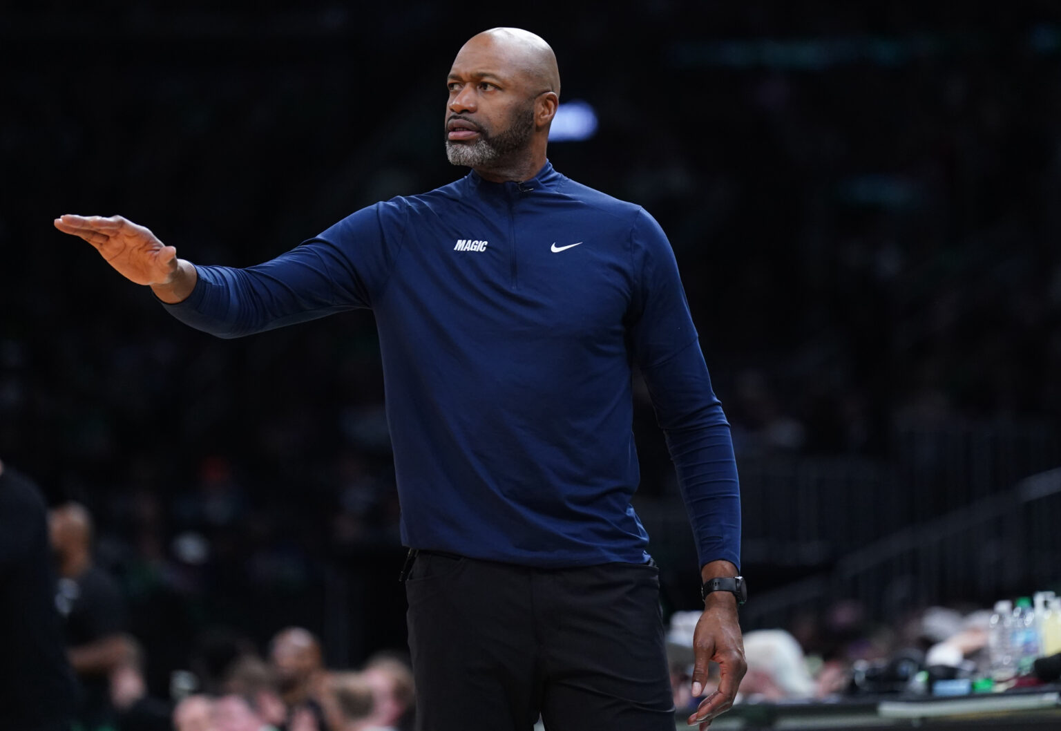 Orlando Magic head coach Jamahl Mosley watches from the sideline as they take on the Boston Celtics during game five of first round for the 2025 NBA Playoffs at TD Garden.