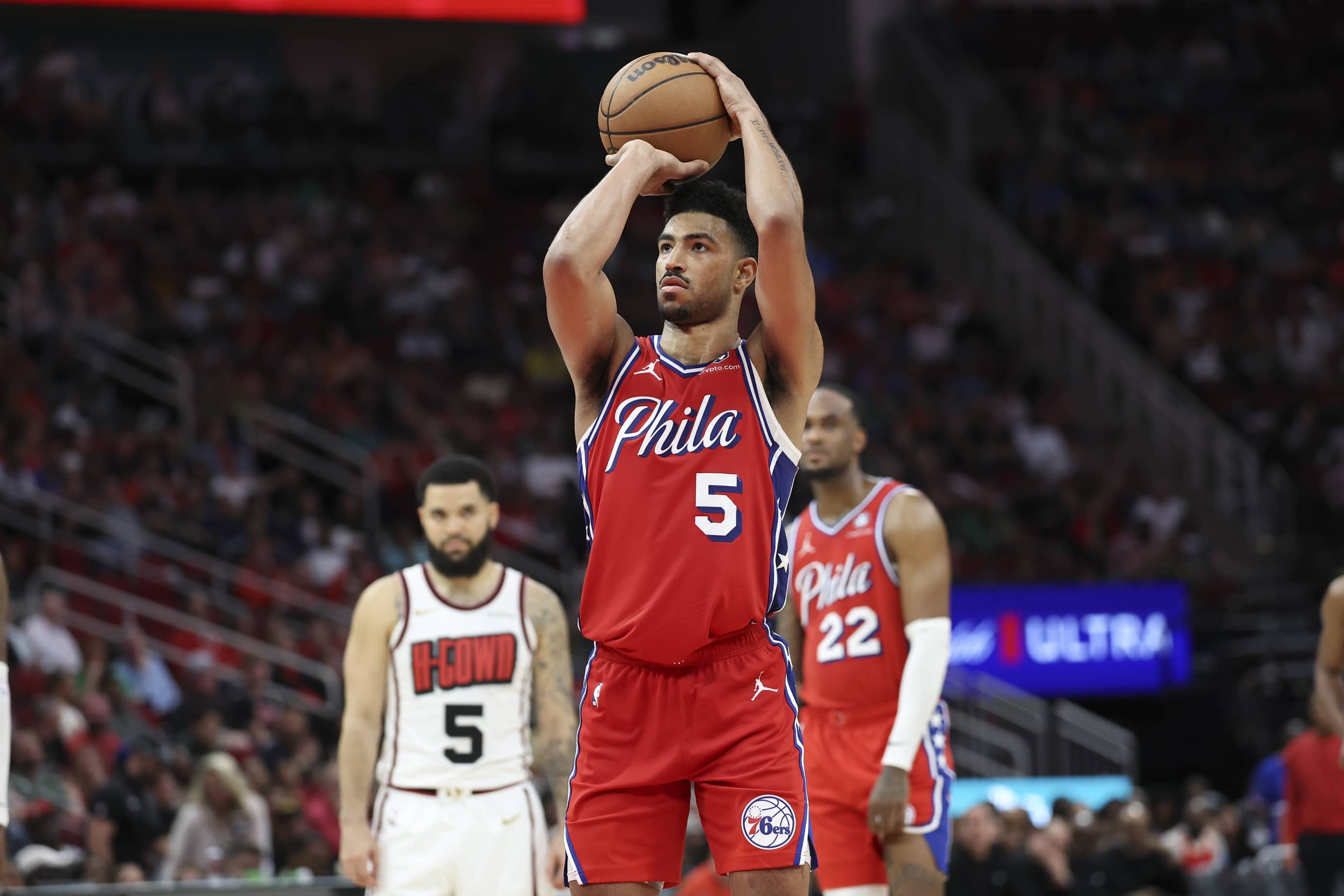 Houston, Texas, USA; Philadelphia 76ers guard Quentin Grimes (5) attempts a free throw after a technical foul against the Houston Rockets during the fourth quarter at Toyota Center.