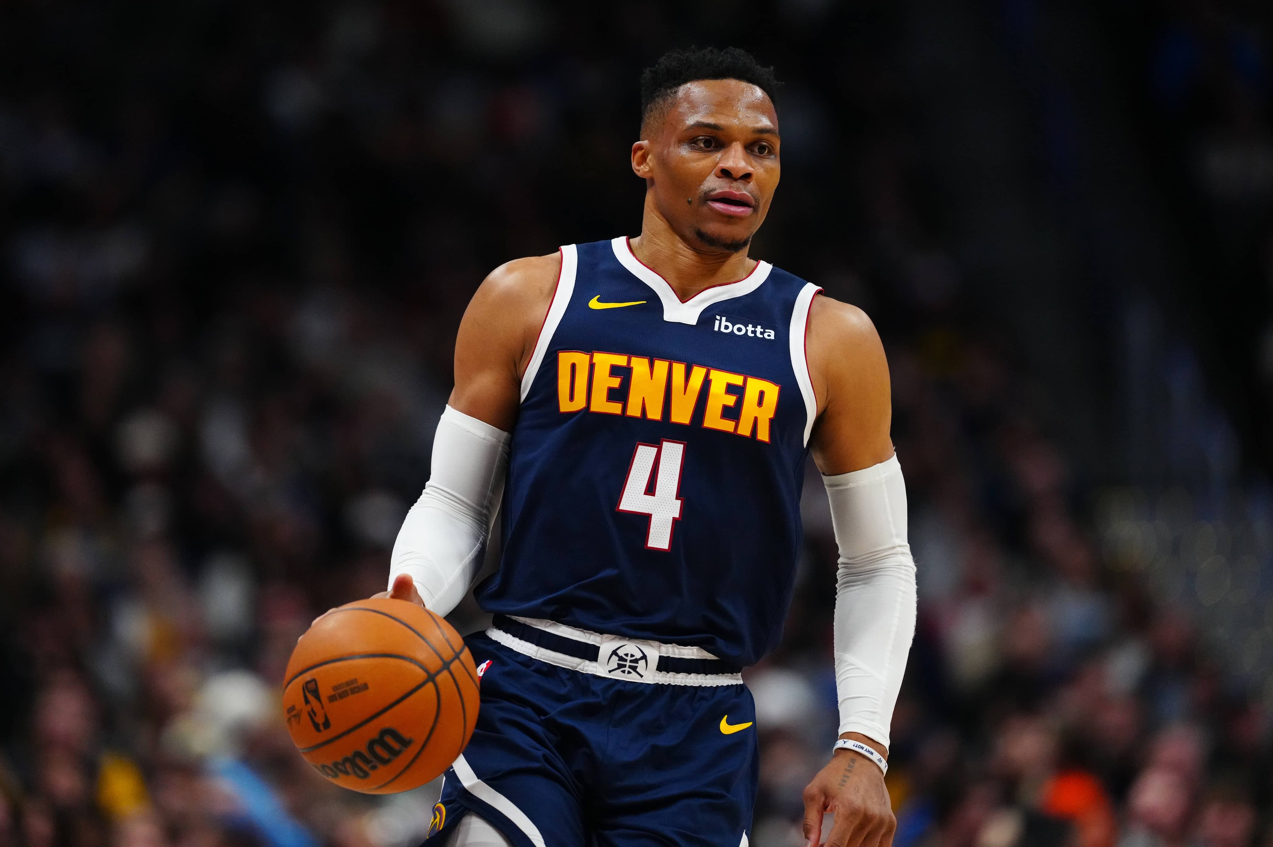 Denver, Colorado, USA; Denver Nuggets guard Russell Westbrook (4) during the fourth quarter against the Charlotte Hornets at Ball Arena.