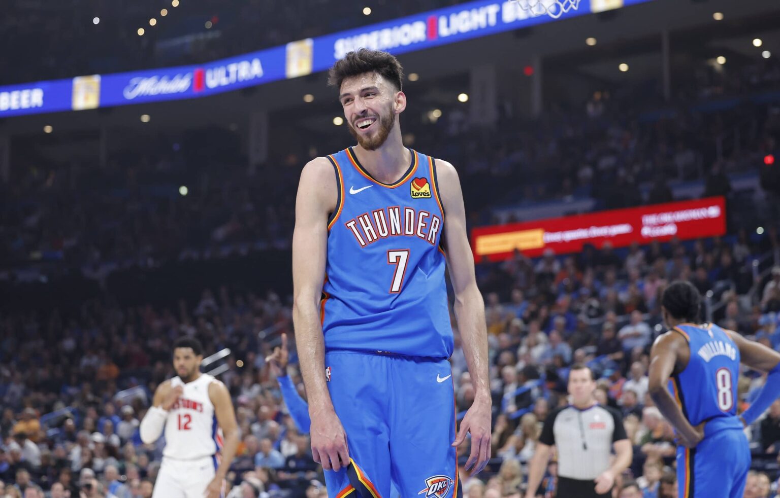 Thunder forward Chet Holmgren reacts after a call against him on a play against the Pistons during the first quarter at Paycom Center