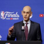 Adam Silver speaks to the media before game one between the Oklahoma City Thunder and the Indiana Pacers in the 2025 NBA Finals at Paycom Center