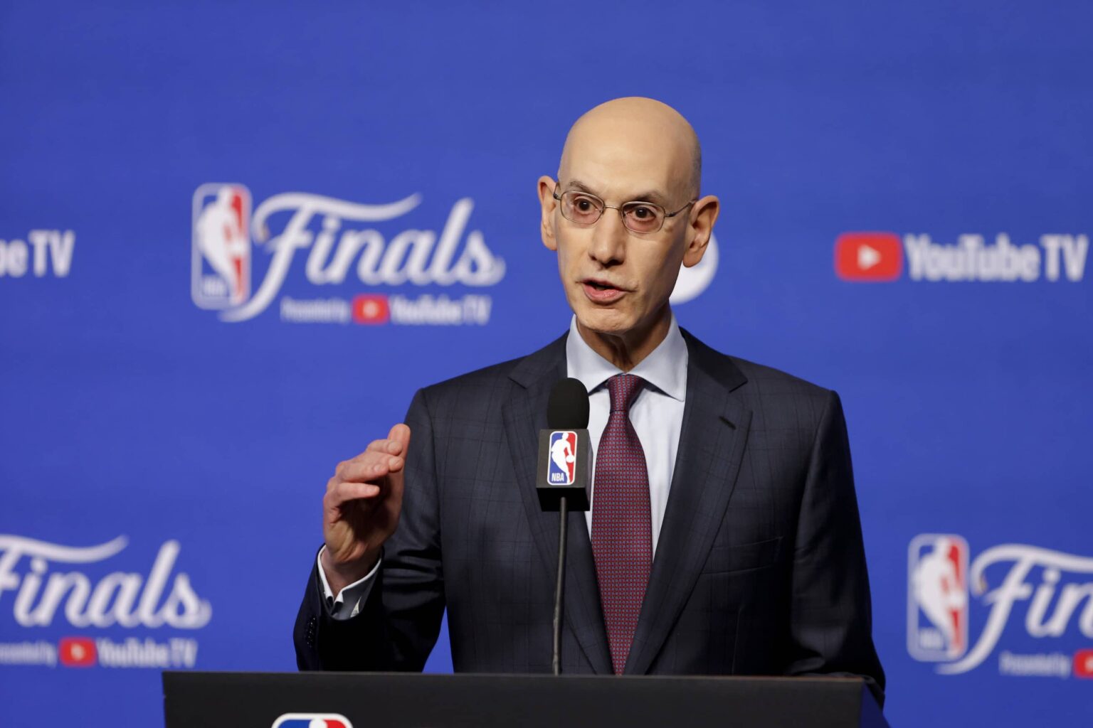 Adam Silver speaks to the media before game one between the Oklahoma City Thunder and the Indiana Pacers in the 2025 NBA Finals at Paycom Center