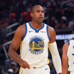 Warriors center-forward Al Horford waits for action to resume in the first quarter against the Lakers at Chase Center