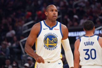 Warriors center-forward Al Horford waits for action to resume in the first quarter against the Lakers at Chase Center
