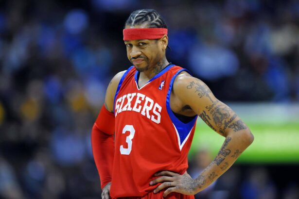 76ers guard Allen Iverson reacts to a technical foul called early in the first period against the Nuggets at the Pepsi Center