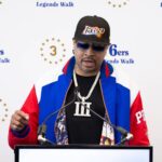 76ers great Allen Iverson speaks at the podium during the unveiling of a statue honoring him in a ceremony at Penn Medicine Philadelphia 76ers Training Complex