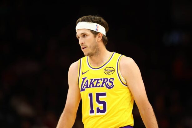 Lakers guard Austin Reaves against the Phoenix Suns during an NBA preseason game at Mortgage Matchup Center.