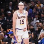 Los Angeles Lakers guard Austin Reaves (15) reacts after making a three point shot against the Sacramento Kings during the fourth quarter at Golden 1 Center.