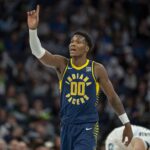 Pacers guard Bennedict Mathurin reacts to a foul called against the Timberwolves in the first half at Target Center