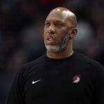 Portland Trail Blazers head coach Chauncey Billups watches from the sideline during the first half against the Utah Jazz at Moda Center.