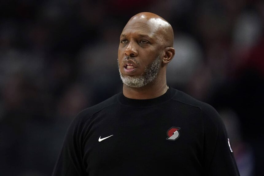 Portland Trail Blazers head coach Chauncey Billups watches from the sideline during the first half against the Utah Jazz at Moda Center.