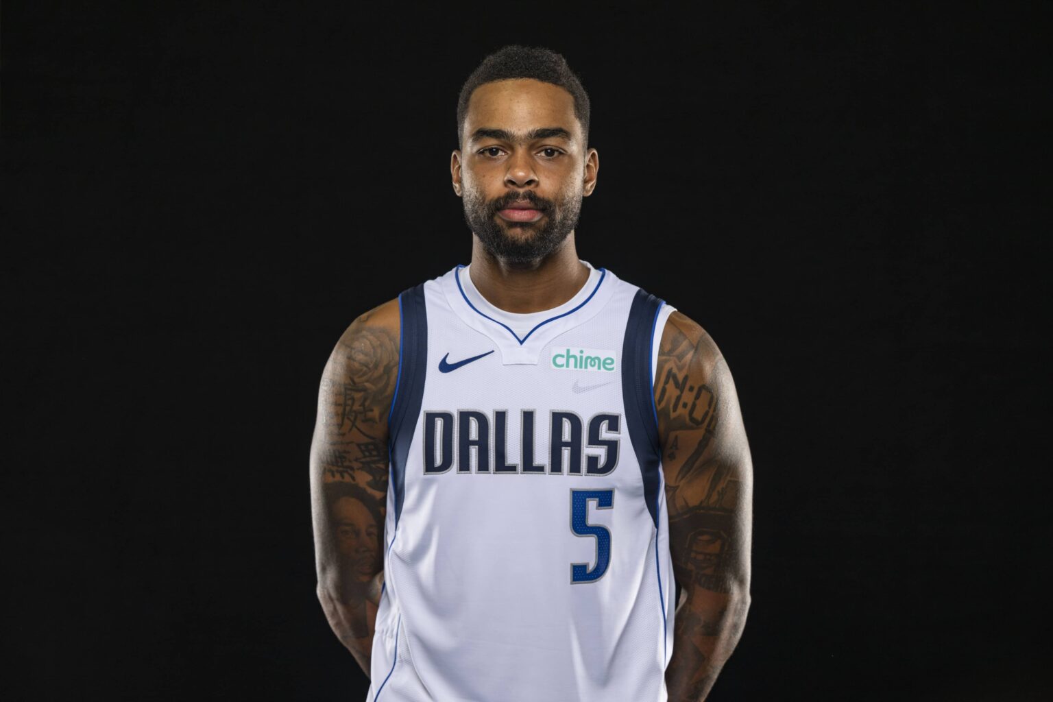 Mavericks guard D'Angelo Russell poses for a photo during the Mavericks 2025 media day at the American Airlines Center