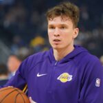 Lakers forward Dalton Knecht warms up before the game against the Warriors at Chase Center