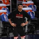 Blazers center Enes Kanter warms up before the game against the Nuggets at Ball Arena