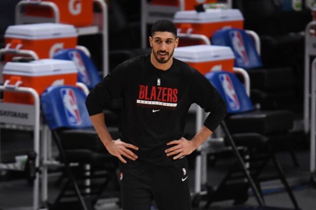Blazers center Enes Kanter warms up before the game against the Nuggets at Ball Arena