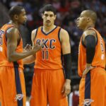Thunder forward Kevin Durant talks with center Enes Kanter and guard Randy Foye during the second half against the Houston Rockets at Toyota Center